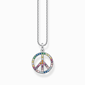 Blackened silver necklace with pendant peace-sign and coloured stones