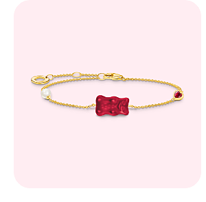 Gold-plated bracelet with red goldbears, freshwater pearl & stones