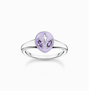 Ring with alien head and violet stones silver