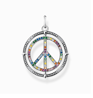 Blackened silver pendant peace sign with coloured stones