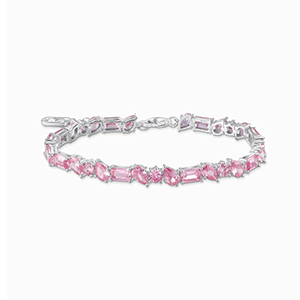 Silver tennis bracelet with 31 pink zirconia stones