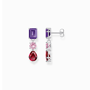 Silver earrings with red, pink and violet stones in various cuts