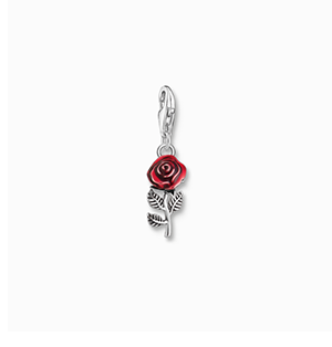 Silver blackened charm pendant in red rose design