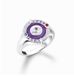 Silver signet ring with violet cold enamel and colourful stones