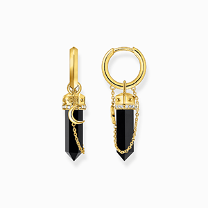 Yellow-gold plated hoop earrings with onyx and small chain