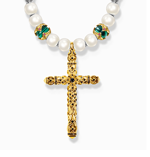 Gold-plated necklace made of different beads with cross pendant