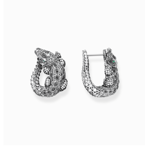 Blackened silver hoop ear rings crocodile with black and green stones