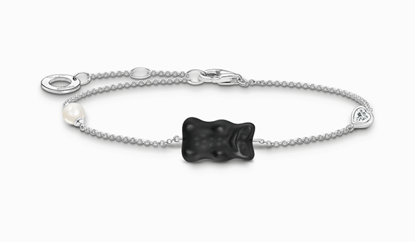 Silver bracelet with black Goldbears, freshwater pearl & zirconia