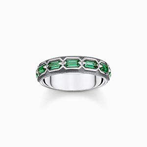Blackened silver ring crocodile shell with green stones