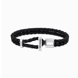 Silver double bracelet with braided, black leather