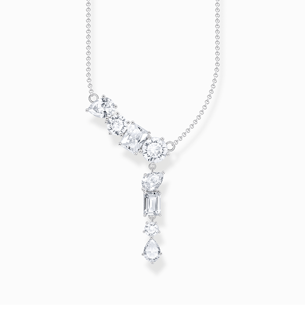 Silver necklace in Y-shape with eight white zirconia stones