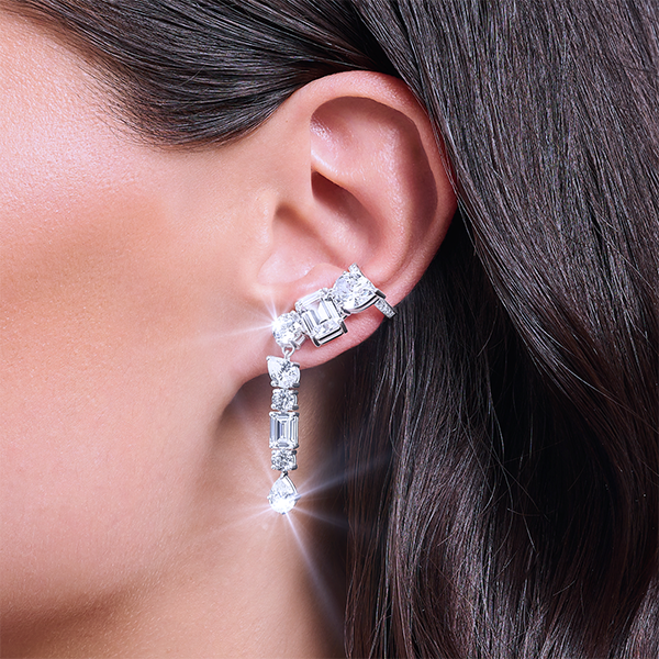 Silver single ear stud in ear climber style with white zirconia
