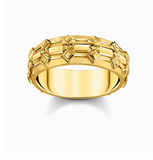 Wide yellow-gold plated band ring with crocodile detailing