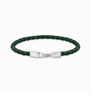 Silver bracelet with braided, green leather