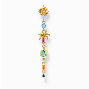 Gold-plated single earring with colourful sun, palm tree & cactus