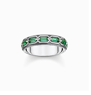 Blackened silver ring crocodile shell with green stones