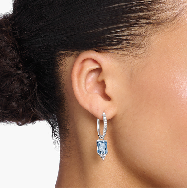 Hoop earrings with aquamarine-coloured and white stones silver