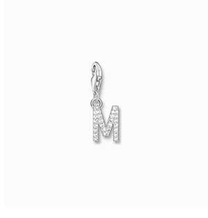 Charm pendant letter M with white stones silver