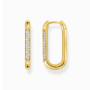 Yellow-gold plated, oval-shaped hoop earrings with white zirconia