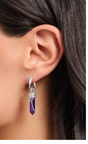 Silver hoop earrings with imitation amethysts and delicate chain