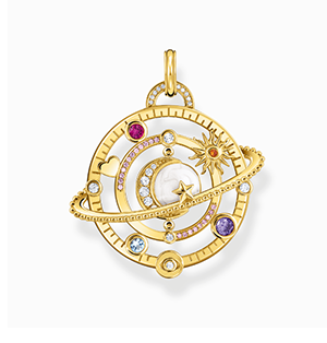 Yellow-gold plated pendant with planetary ring and various stones