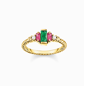 Ring rope with green and red stones gold plated