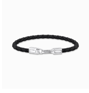 Silver bracelet with braided, black leather