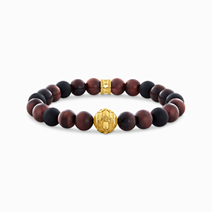 Yellow-gold plated bracelet with Obsidian and Red Tiger's Eye Beads