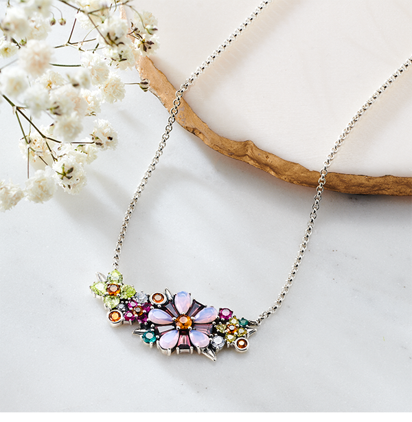 Necklace flowers colourful stones silver