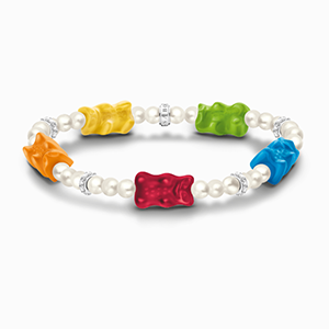 Silver pearl bracelet with 5 colourful goldbears