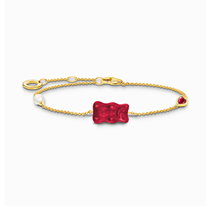 Gold-plated bracelet with red goldbears, freshwater pearl & stones