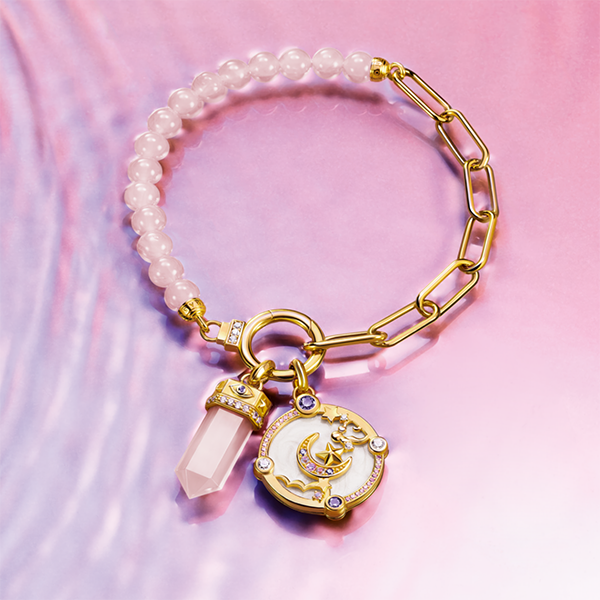 Header Gold-plated link chain bracelet with rose quartz beads