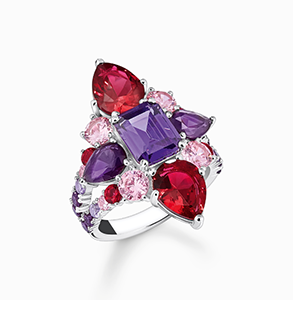 Silver cocktail ring with red, pink and violet zirconia stones