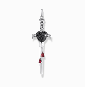 Silver blackened sword pendant with black and red stones