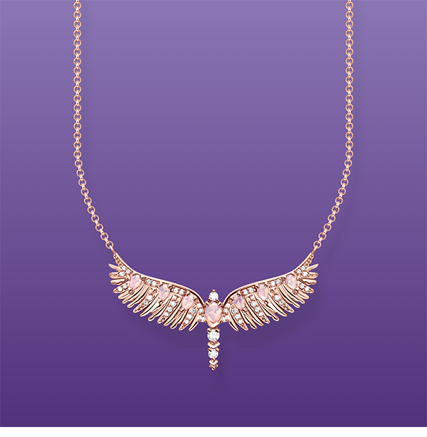 Necklace phoenix wing with pink stones rose gold