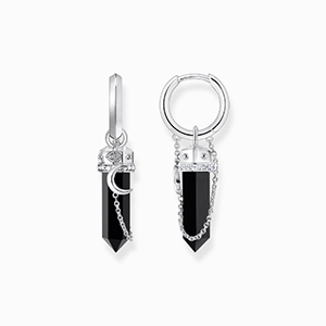 Silver hoop earrings with onyx in hexagon-shape and small chain