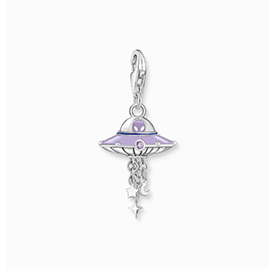 Charm pendant UFO with violet cold enamel and stones silver blackened