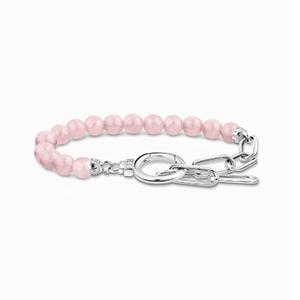 Silver bracelet with link chain elements and rose quartz beads