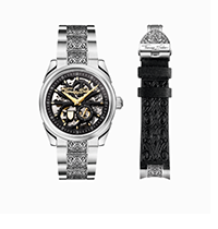 Silver automatic watch with 41 mm, black dial & acanthus pattern