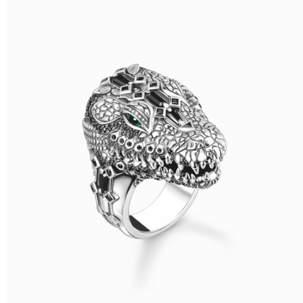 Blackened silver ring with crocodile head and black and green stones