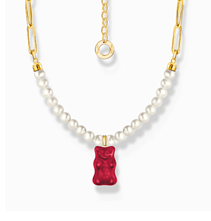 Gold-plated link necklace with red goldbears & freshwater pearls