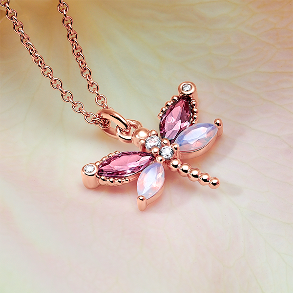 Necklace dragonfly with stones rose gold