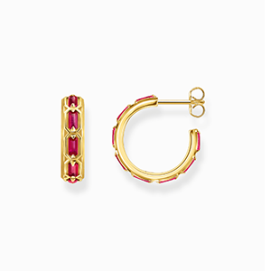 Yellow-gold plated hoop earrings with red stones