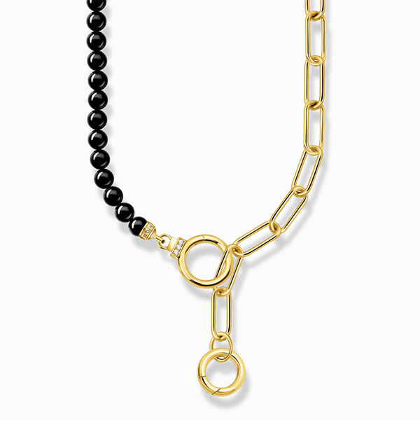 Yellow-gold plated necklace with onyx beads and white zirconia