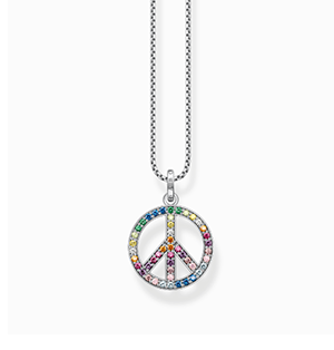 Blackened silver necklace with pendant peace-sign and coloured stones