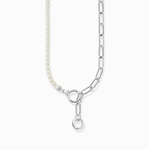 Necklace with Pearls and chain links, white stones, silver