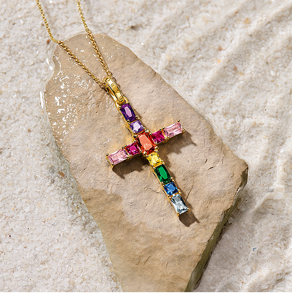 Pendant cross with colourful stones gold plated