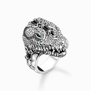 Blackened silver ring with crocodile head and black and green stones