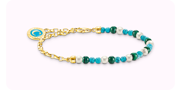Member Charm bracelet with white pearls, malachite and Charmista disc gold plated