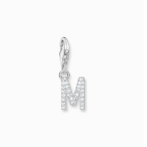 Charm pendant letter M with white stones silver